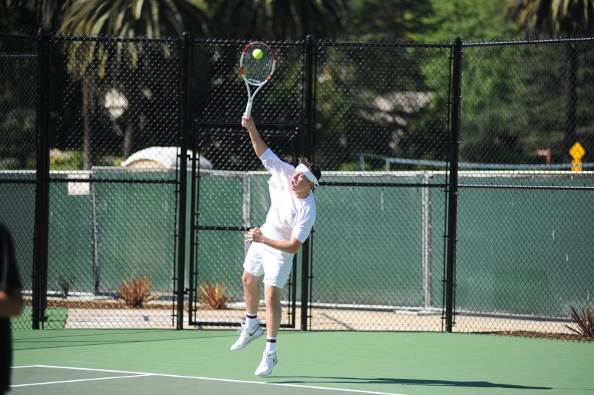 Jack Espy Serves against Rio Mesa for Laguna Blanca Tennis at Furukawa Tennis Facility in Hope Ranch