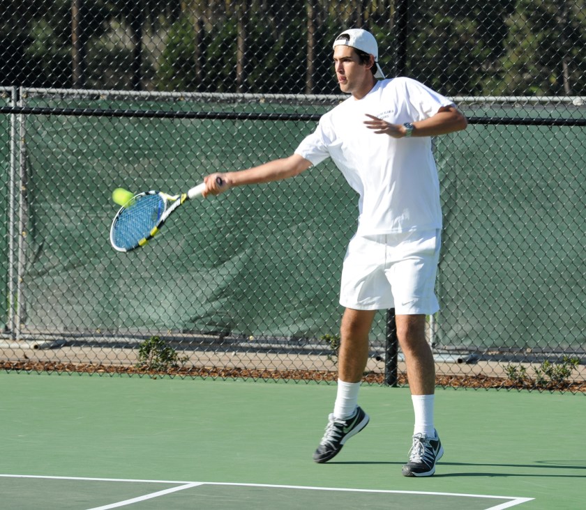 Dalton Smith reaches out for a forehand against the #1 team from Rio Mesa